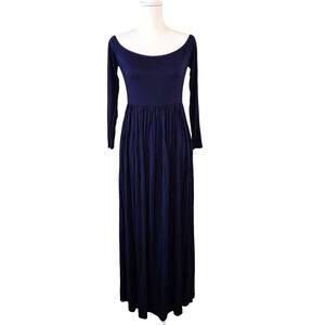 Stretch Jersey Knit Long Sleeve Maxi Dress Navy Blue M Wide Scoop Neck Minimal